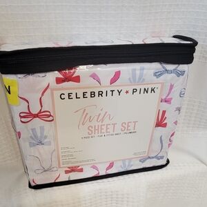 Celebrity Pink Multicolor Bows TWIN Sheet Set 3 Pieces NWT